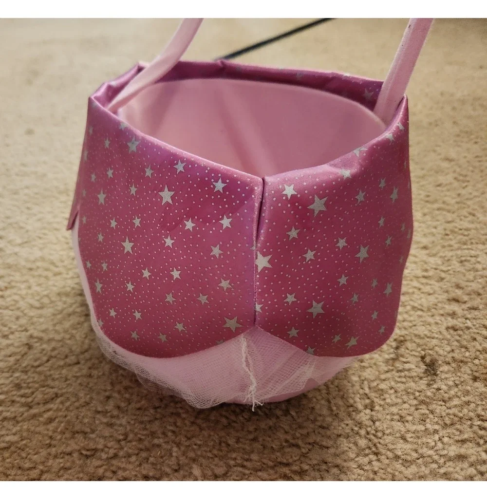 Pink Princess Plush Basket Silver Stars Tulle Trim Halloween Easter Tote Bag VTG